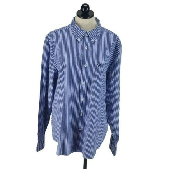 American Eagle Men's Classic Fit Blue Striped Button Down Business Shirt XL - Picture 1 of 7